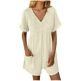 thumbnail image 2 of Homenesgenics Biker Shorts for Women Women's V-Neck Solid Short Sleeve Pockets Jumpsuit Shorts Beige S, 2 of 8