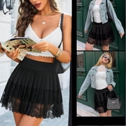 Women's Lace Trim Mini Skirt Low Rise Pleated Half Slip Skirt Layered Flowy Skirts Underskirt
