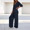 thumbnail image 5 of Bloomae Women's Loungewear Set 2 Piece Cotton Linen V Neck Long Sleeve Shirt & Wide Leg Pants with Pockets Lightweight Casual Solid Color Loose Fit Summer Outfit Navy XXL, 5 of 7