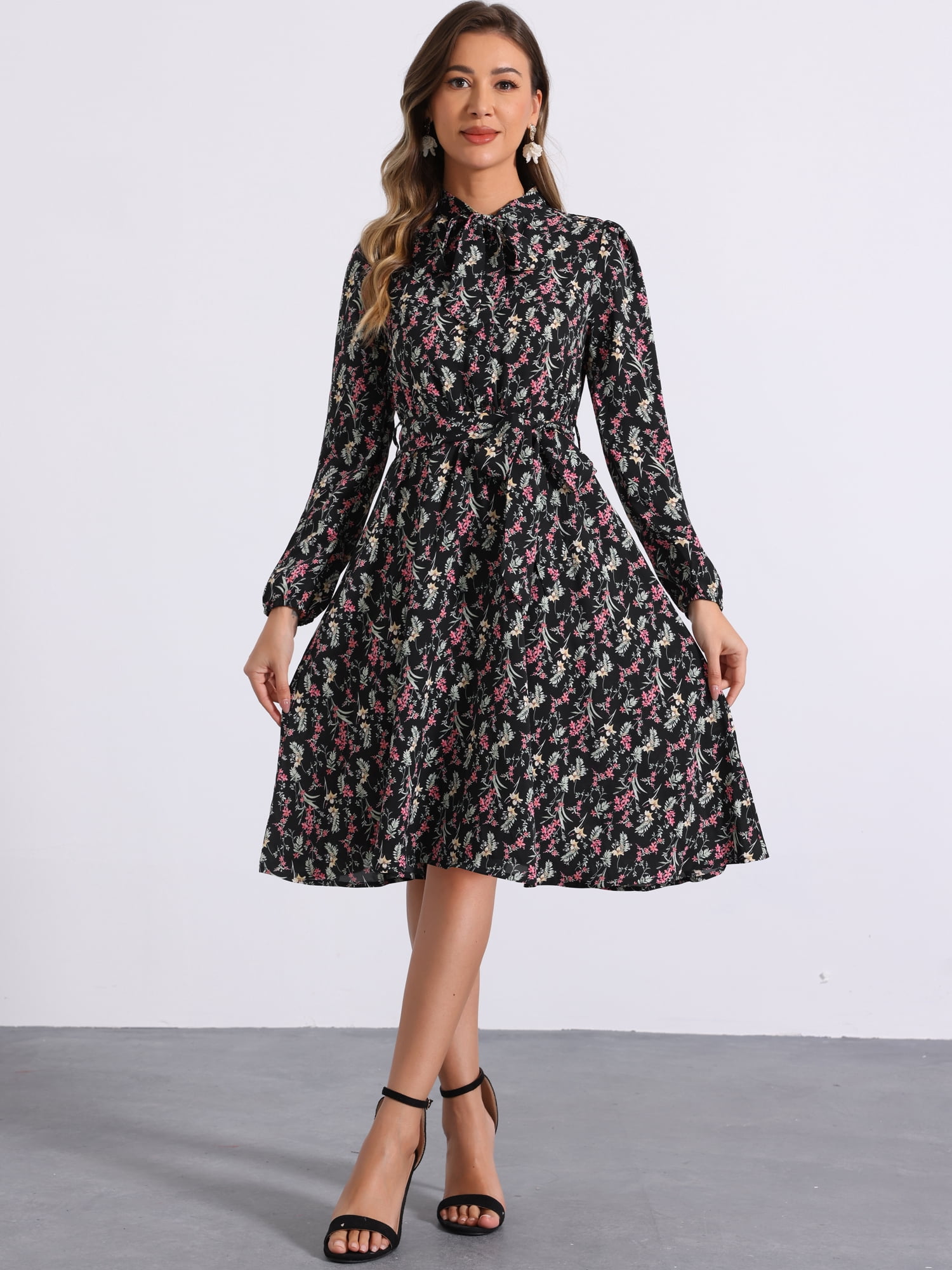 DARING DIVA Tie Neck Chiffon Belted Vintage Floral Midi Dress M Blacks