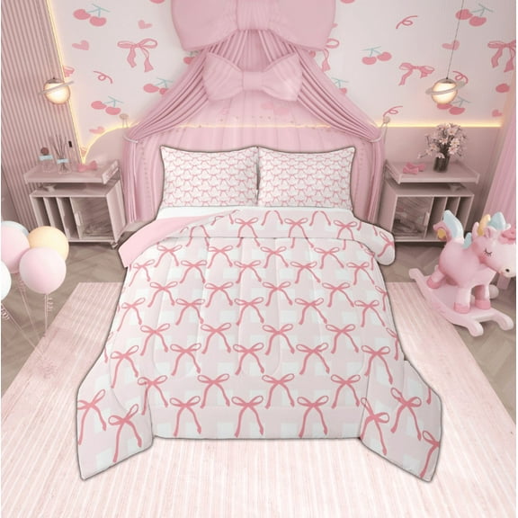 Manfei Cartoon Bow Tie Bedding Comforter Set,Pink Geomwtric Plaid Twin Comforter Sets,Princess Bow Bedding Set For Teens,Luxury Bedroom Decor Reversible,2pcs