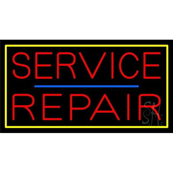 Red Service Repair Blue Line Yellow Border LED Neon Sign 13 x 24 - inches, Clear Edge Cut Acrylic Backing, with Dimmer - Bright and Premium built indoor LED Neon Sign for automotive store, and mall.