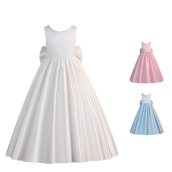 JAJAHO Girls Satin Dresses Flower Girl Dress With Pearls Sleeveless Bow Puffy Maxi Ball Gown Wedding Party Prom Wear For Kids 8-13Y