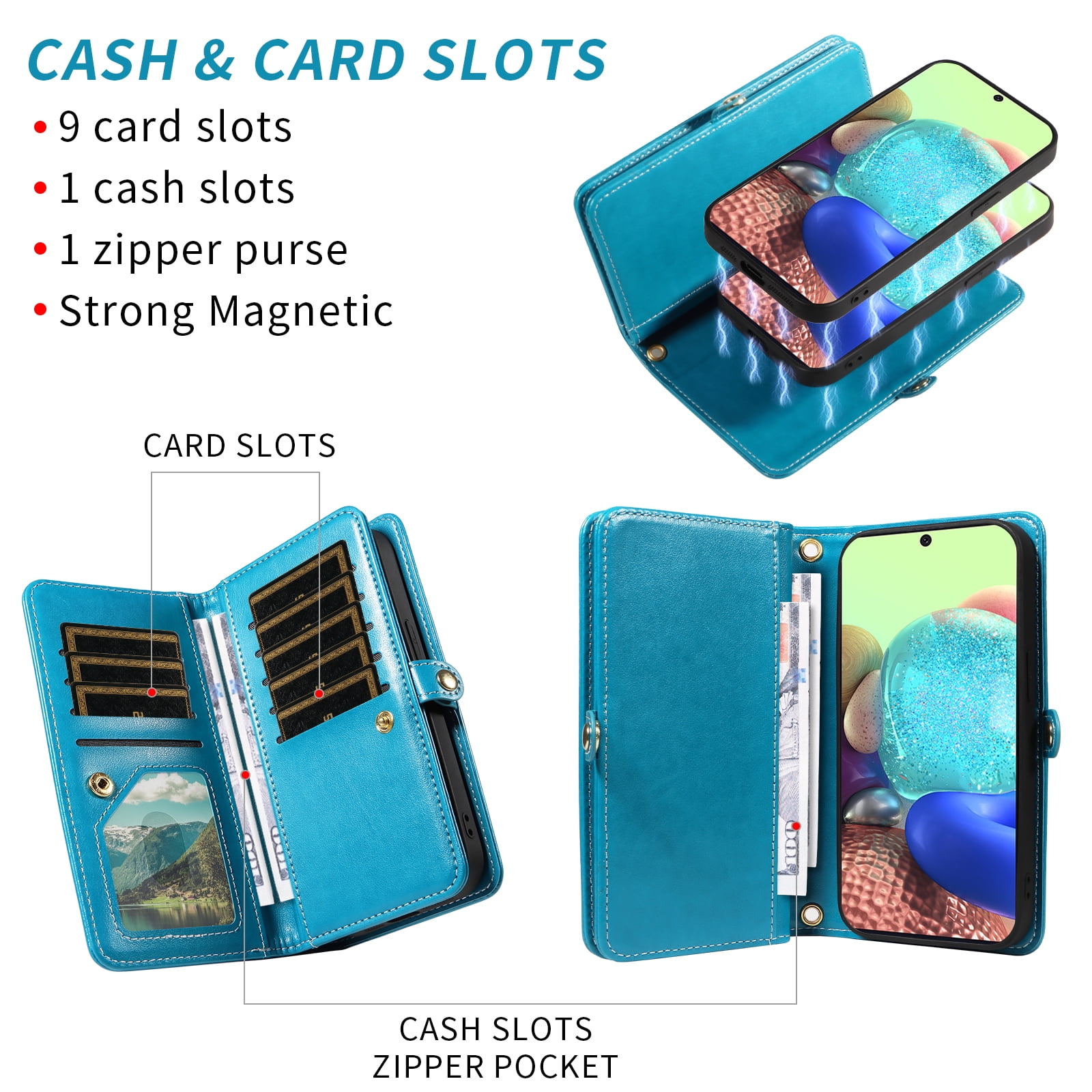Asuwish Phone Case for Samsung Galaxy A71 5G Zipper Wallet Detachable Cell Cover with Tempered Glass Screen Protector Crossbody Lanyard Strap Flower Flip Card Holder A 71 G5 71A S71 Women Girls Blue