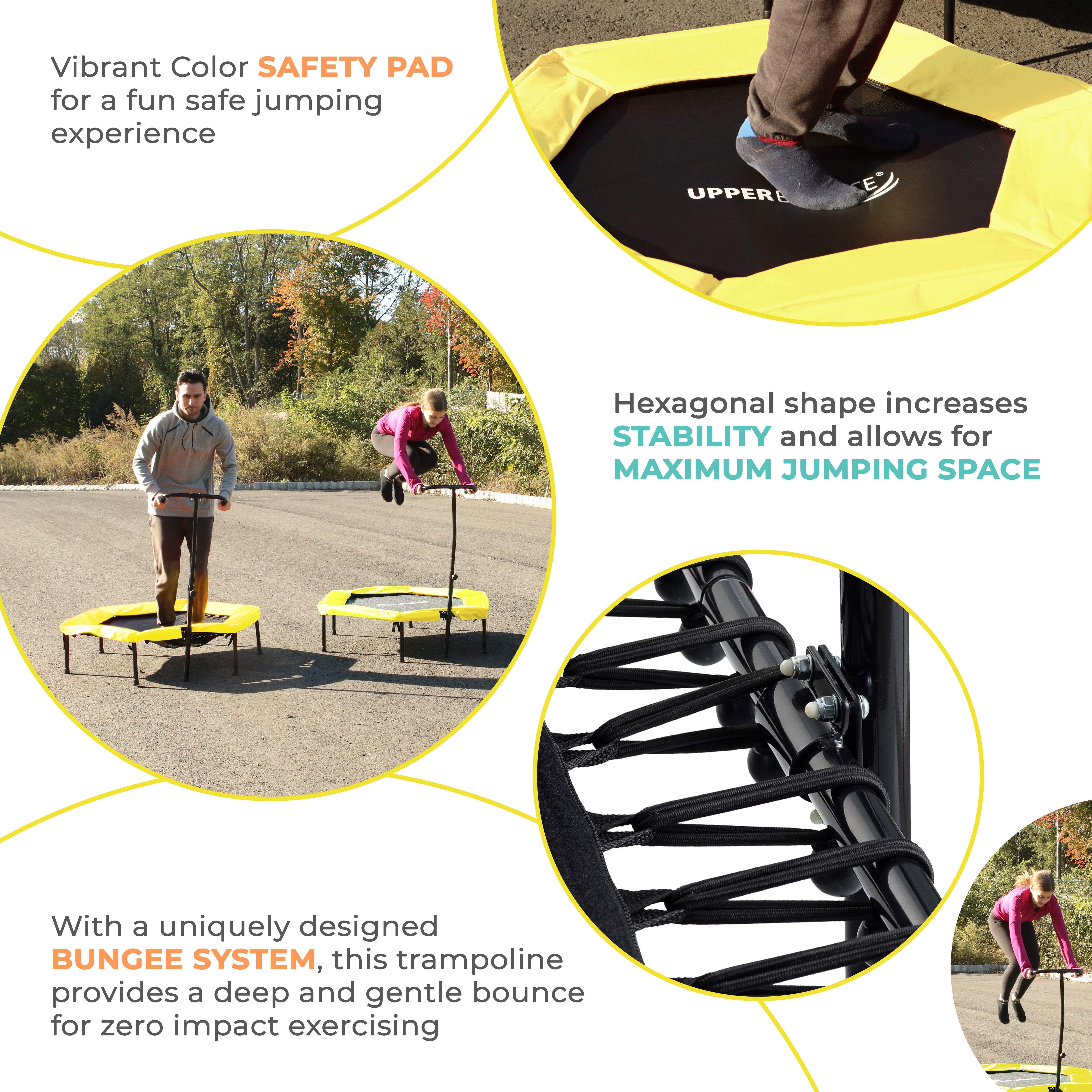 Upper Bounce 50" Mini Trampoline with Adjustable T-Shaped Handrail – Hexagonal Rebounder Fitness Trampoline for Kids & Adults - Yellow