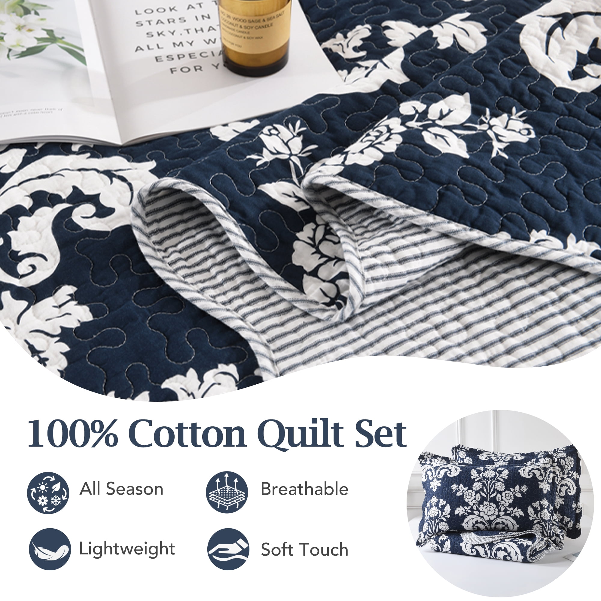 Quilt Set Queen Size 3 Pieces, 100% Cotton Navy Blue Lightweight Quilted Bedspread, Reversible Damask Floral Bedding Set for All Season