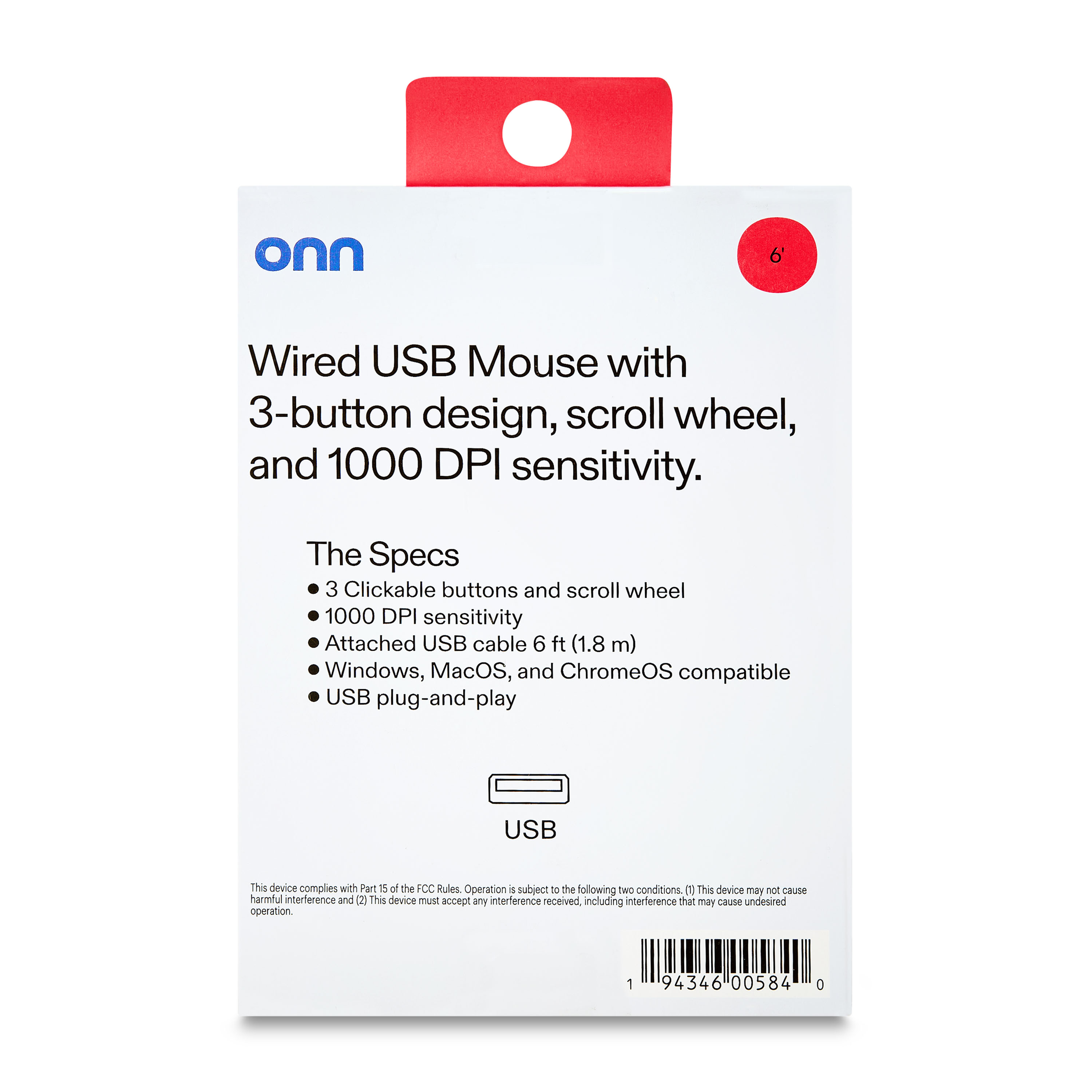 onn Mouse USB con cable, 3 botones, gris 6