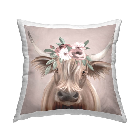 Stupell Industries Fluffy Cattle Flower Crown Printed Throw Pillow Design by Jo Taylor