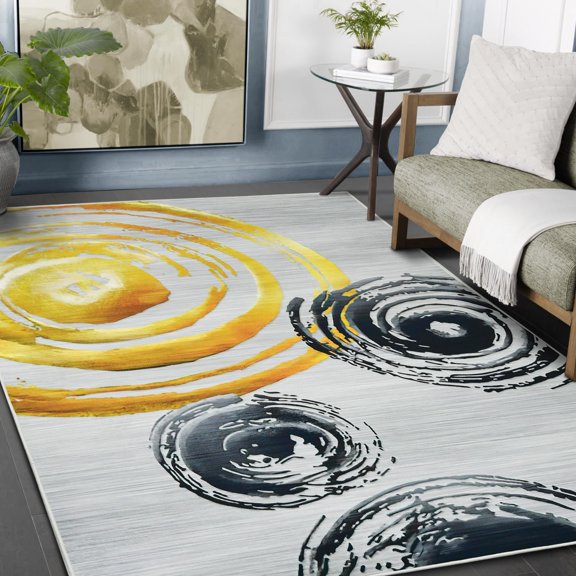HR Abstract Area Rug with Circle Pattern - Non-Slip Rubber Backing, Polyester, Flat Gold Silver and Multi-Color - Add Modern Elegance to Your Space