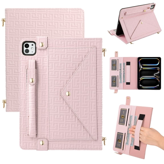 Dteck Crossbody Handbag Case for iPad Air 11 inch M2 (2024) Air 6th Generation, Folio Stand PU Leather Hand Strap Cover Crossbody Case w/Pencil Holder Card Slots Wallet Carrying Sleeve Bag Case, Pink