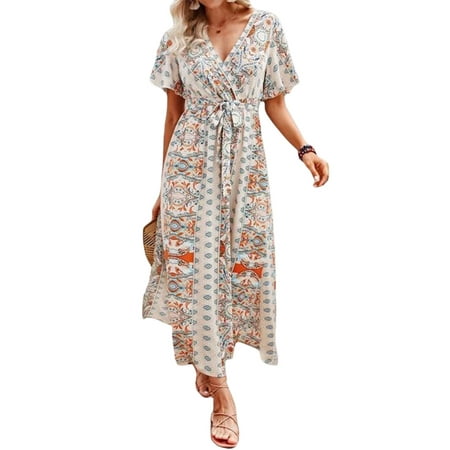 

Eyicmarn Women s Short Sleeve Long Dress Bohemian Style Pattern Printed V-Neck Tie-Up High Split Dress Casual One-Piece Clothes