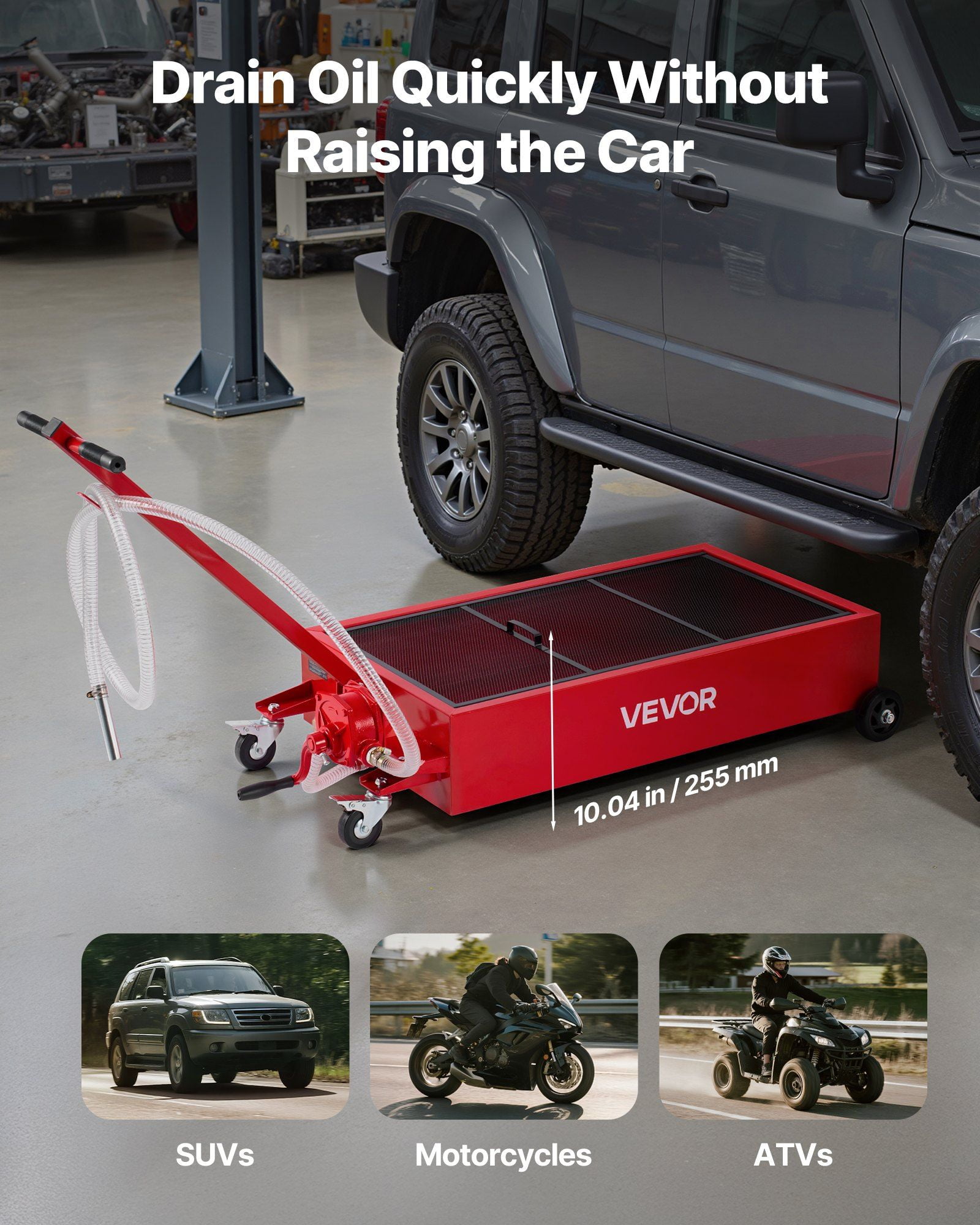 Low Profile Oil Drain Pan, 20 Gallon Capacity, Rolling Oil Drain Pan with Manual Pump, 7.2 ft Hose & T Folding Handle, Leak-proof & Corrosion-resistant, Fit for Cars, SUVs, Trucks, ATVs, Red