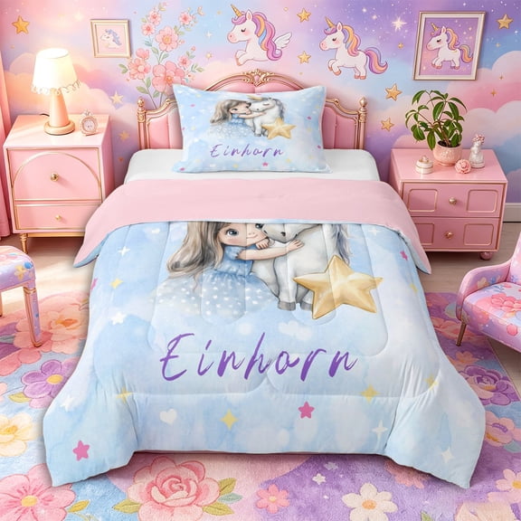Aikeke Dreamy Princess Twin Comforter Sets 2pcs, Cartoon Unicorn Bedding Set, Blue White,Pink Reversible,1 Comforter and 1 Pillowcase