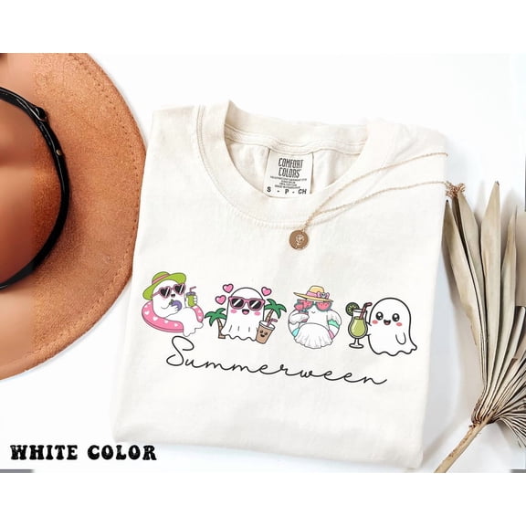 VibeNest Studio Unisex Summerween Cute Ghost Beach Funny Summer Halloween Garment Dyed Graphic T-Shirt