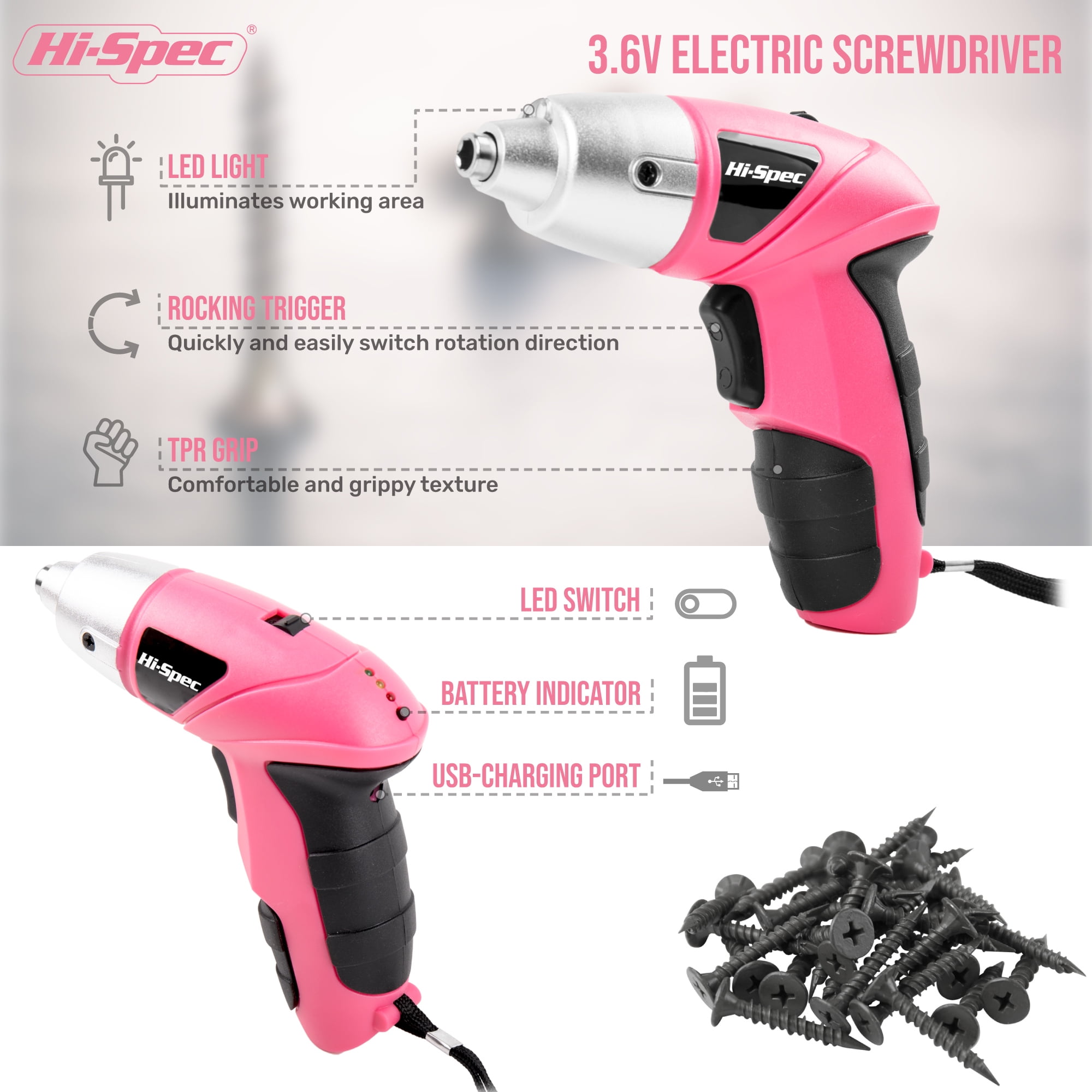 Hi-Spec 3.6V Mini Wireless Cordless Electric Power Screwdriver & Bit Set, Li-ion Battery Rechargeable, 27pc