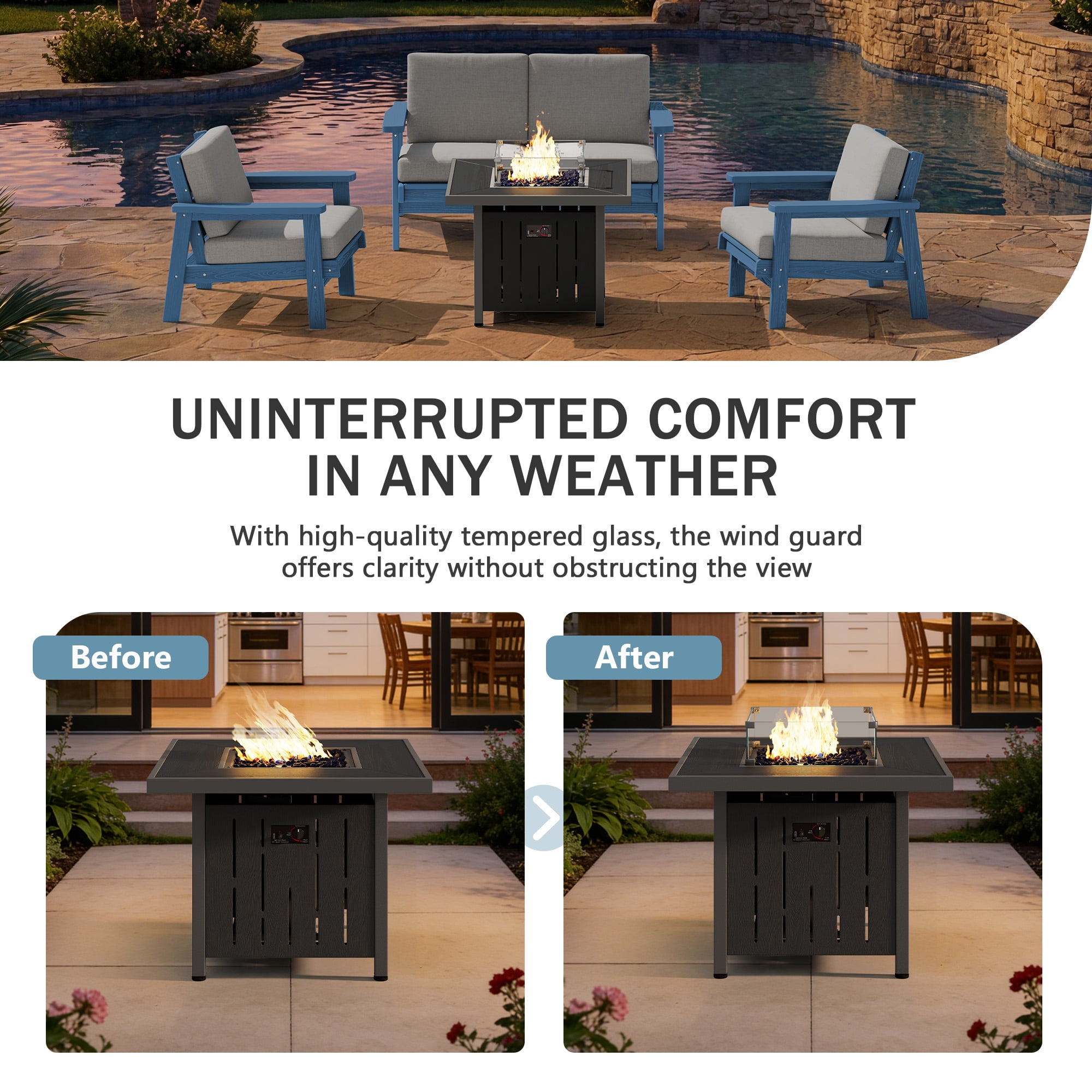 SERWALL Propane Fire Pit Table, 33 Inch Square Outdoor Fire Table with Lid, 50,000 BTU Gas Fire Pit Table with Glass Wind Guard, HDPE Fireplace for Patio, Black