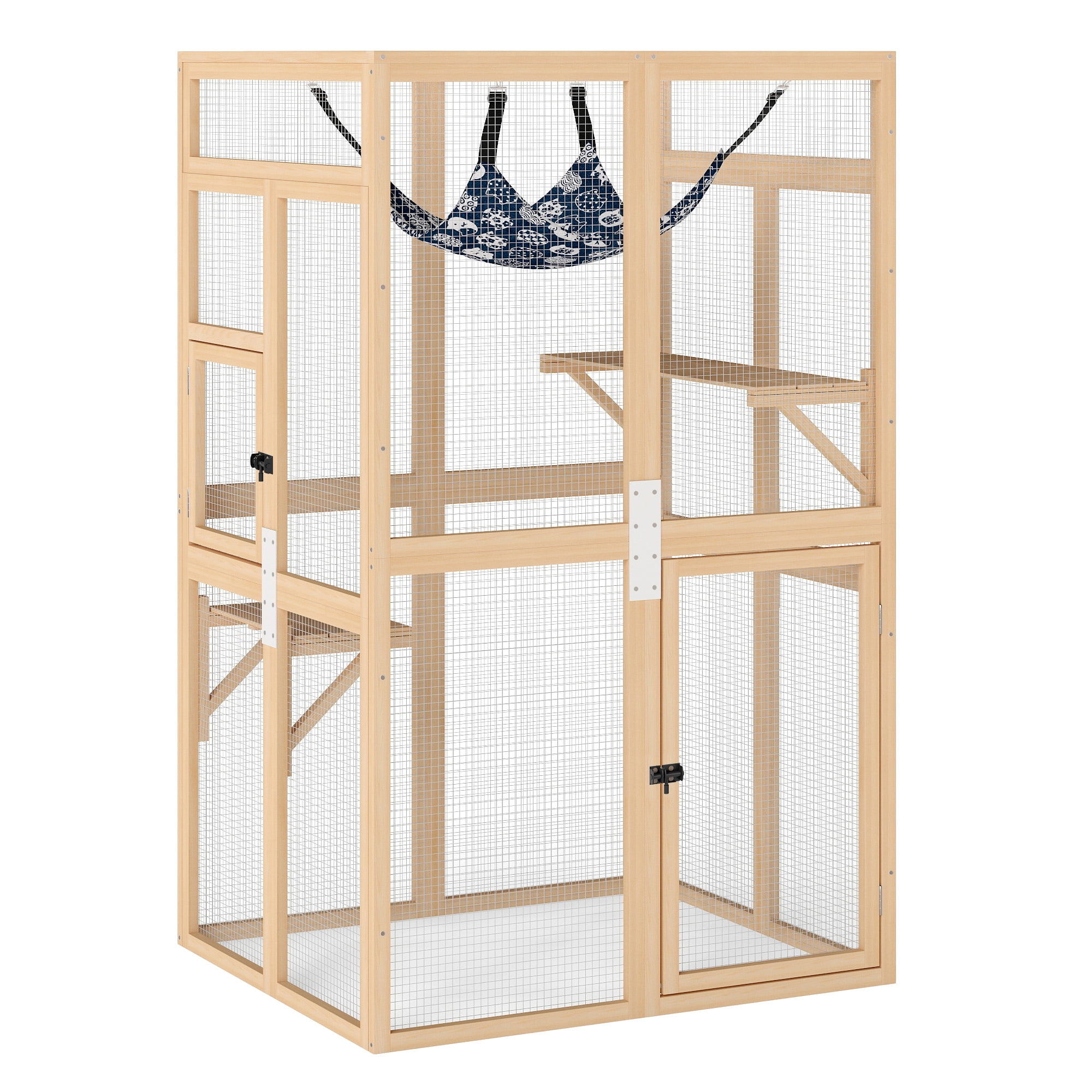 Wooden Cat Catio, Outdoor Cat Enclosure, Cat House with Platforms, Sunshine Board, Hammock, Door, Kitten Cage Condo,Burlywood