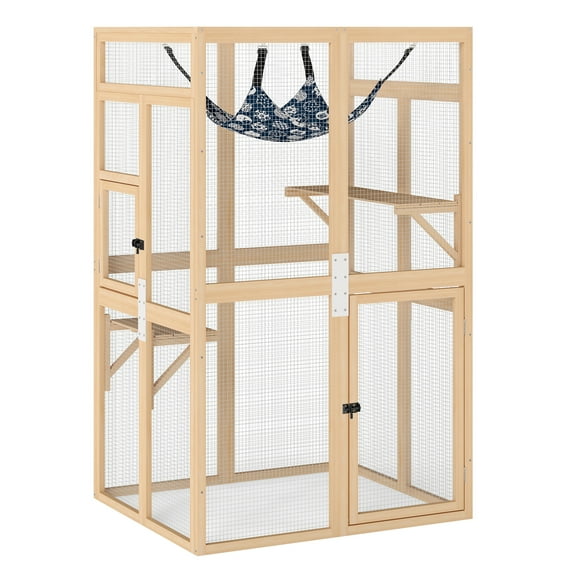 Pefilos 64" Cat House Outdoor Catio Cat Enclosures Wooden Kitty House with Platforms, Waterproof Roof, Hammock, Beige
