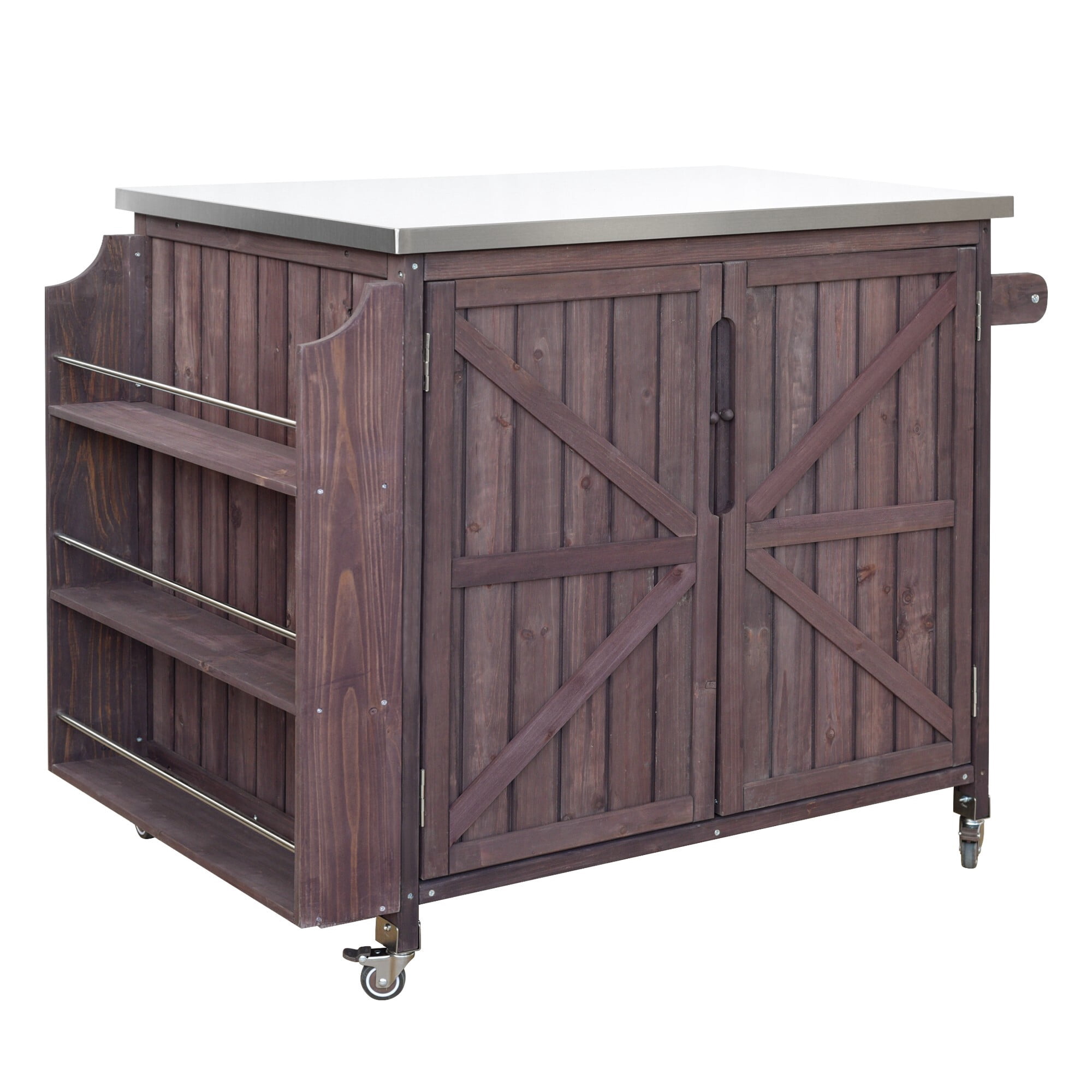 AENKYO 42" Outdoor Kitchen Island, Rolling Grill Cart with Stainless Steel Top, BBQ Prep Table with Cabinet, Brown