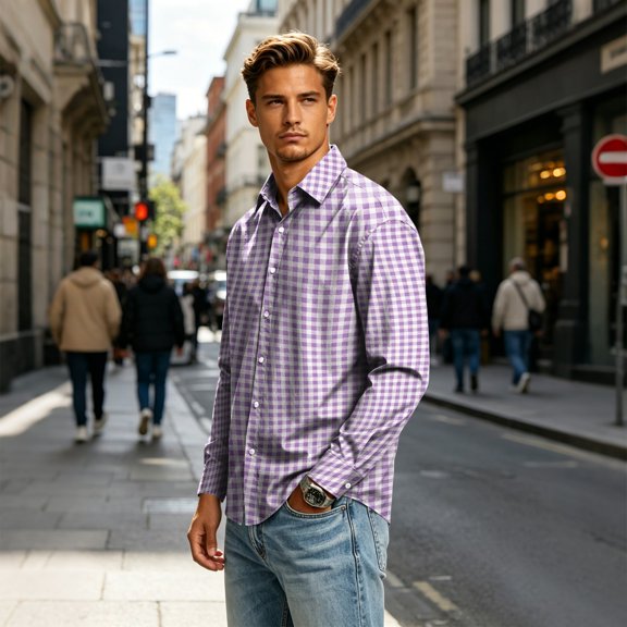 Plaid Button Down Shirt for Men Long Sleeve Checkered Flannel Casual Workwear Out Top Purple L