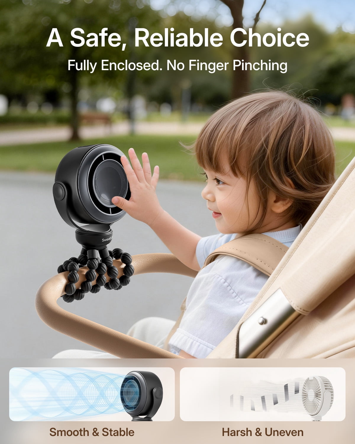 SWEETFULL Portable Stroller Fan, Pinch-Proof Baby Fan, 10H Battery, 5-Speed Quiet Mini Clip on Fan, USB-C Rechargeable with LED Display for Car Seat, Crib & Travel – Black