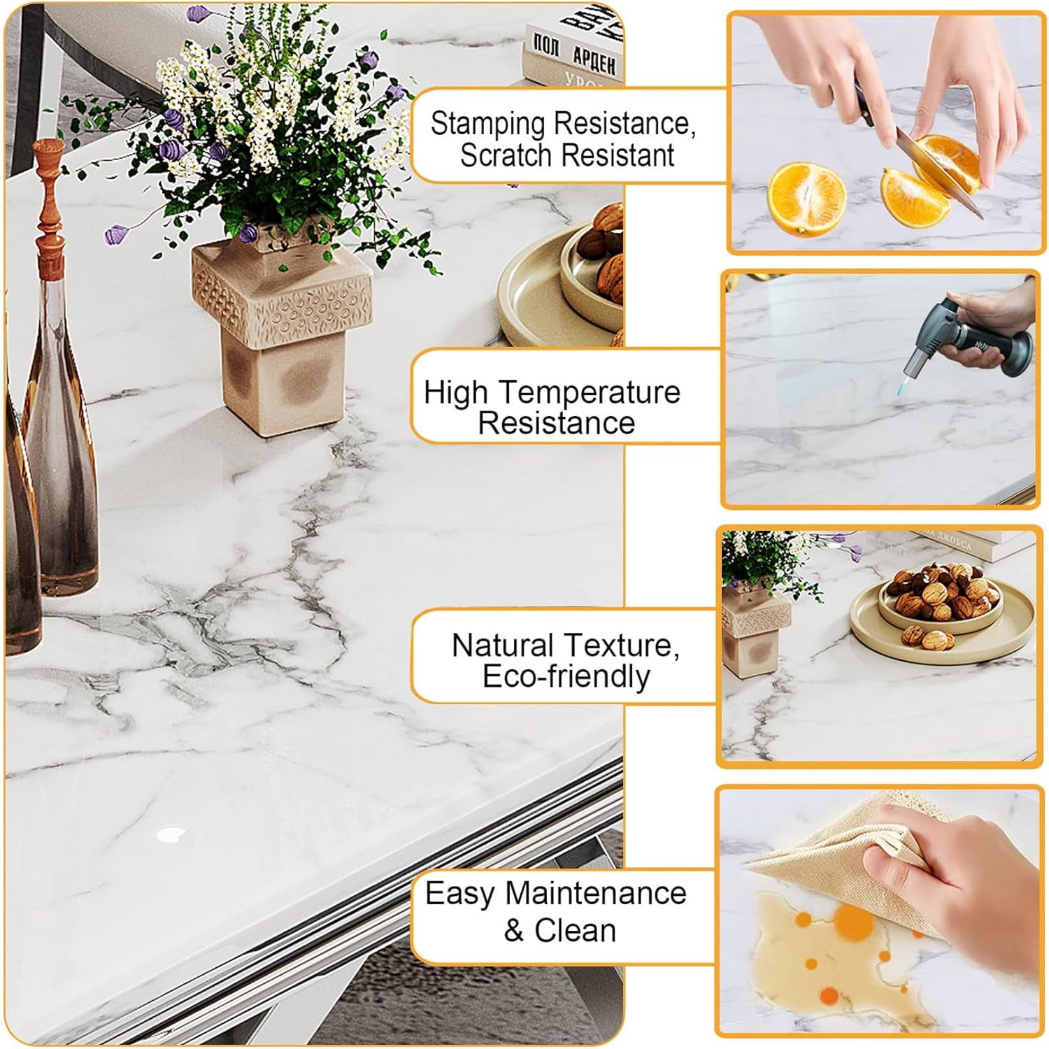 70" Rectangular Dining Table for 6 People, Modern Faux Marble Kitchen Table with Stainless Steel Legs, Dining Table for Dining Room, Living Room