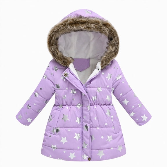 CAICJ98 Girls Winter Coat Jacket with Hooded Long Puffer Jacket Flower Print Warm Outdoor Coats for Kids (Light Purple,6-7 Years)