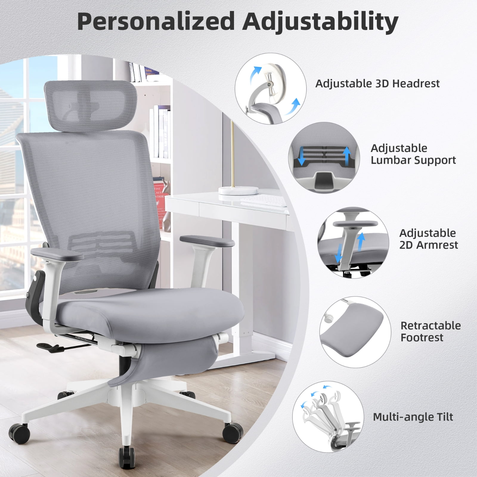 Hforesty Grey Foldable Office Chair with Footrest – Ergonomic Mesh Computer Chair, Lumbar Support, Swivel Tilt, 300lbs