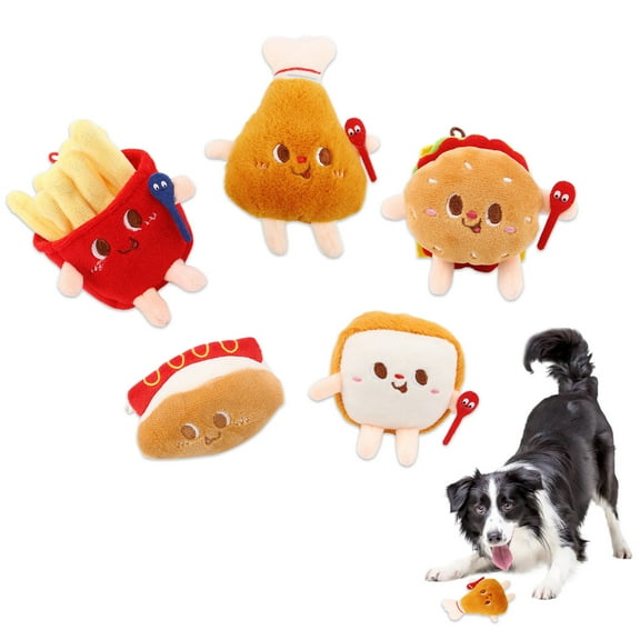 Duuclume 5-Piece Fast Food Themed Plush Dog Chew Toys Set for Small & Medium Dogs