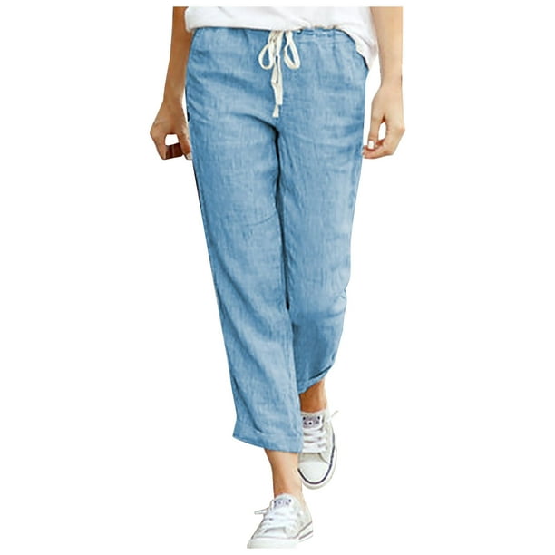 Plus Size Pants for Women drawstring elastic waist cotton linen  nine-quarter Casual Pants
