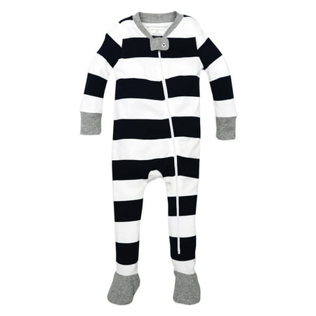 Burt's Bees Baby unisex baby Pajamas, Zip-Front Non-Slip Footed Pjs,  Organic Cotton and Toddler Sleepers, Midnight Rugby Stripe, 12 Months US