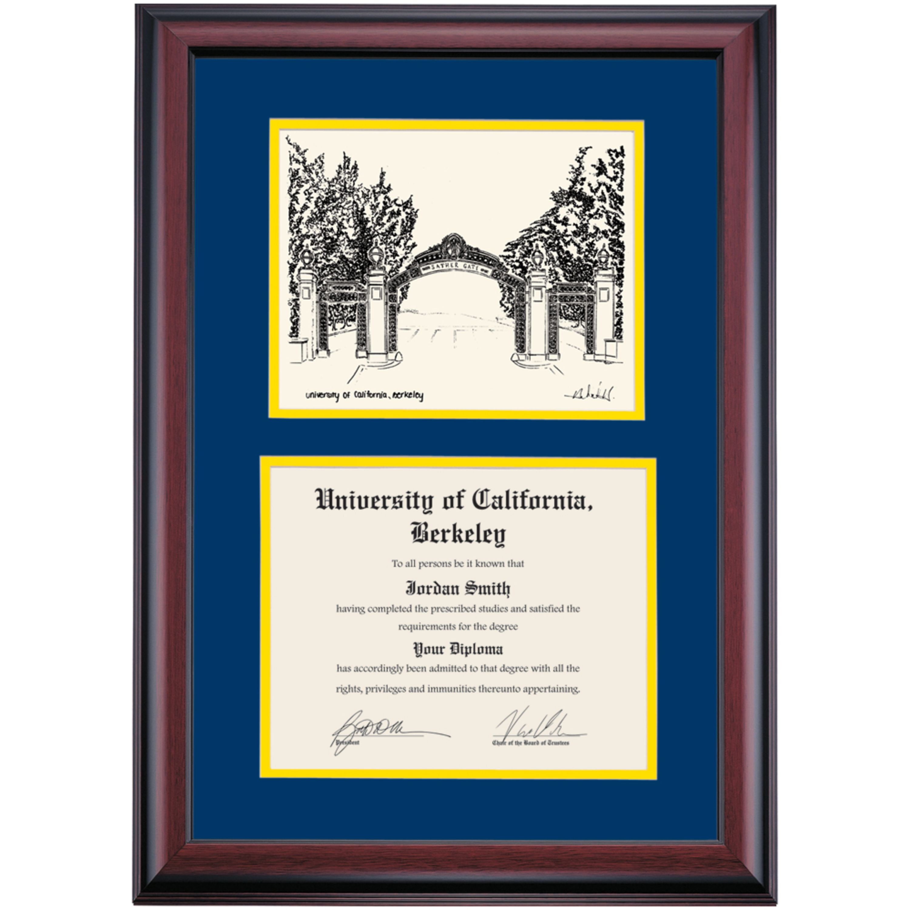 OCM Diploma Frame for UC Berkeley Cal, Navy/Yellow Mat with Sather Gate