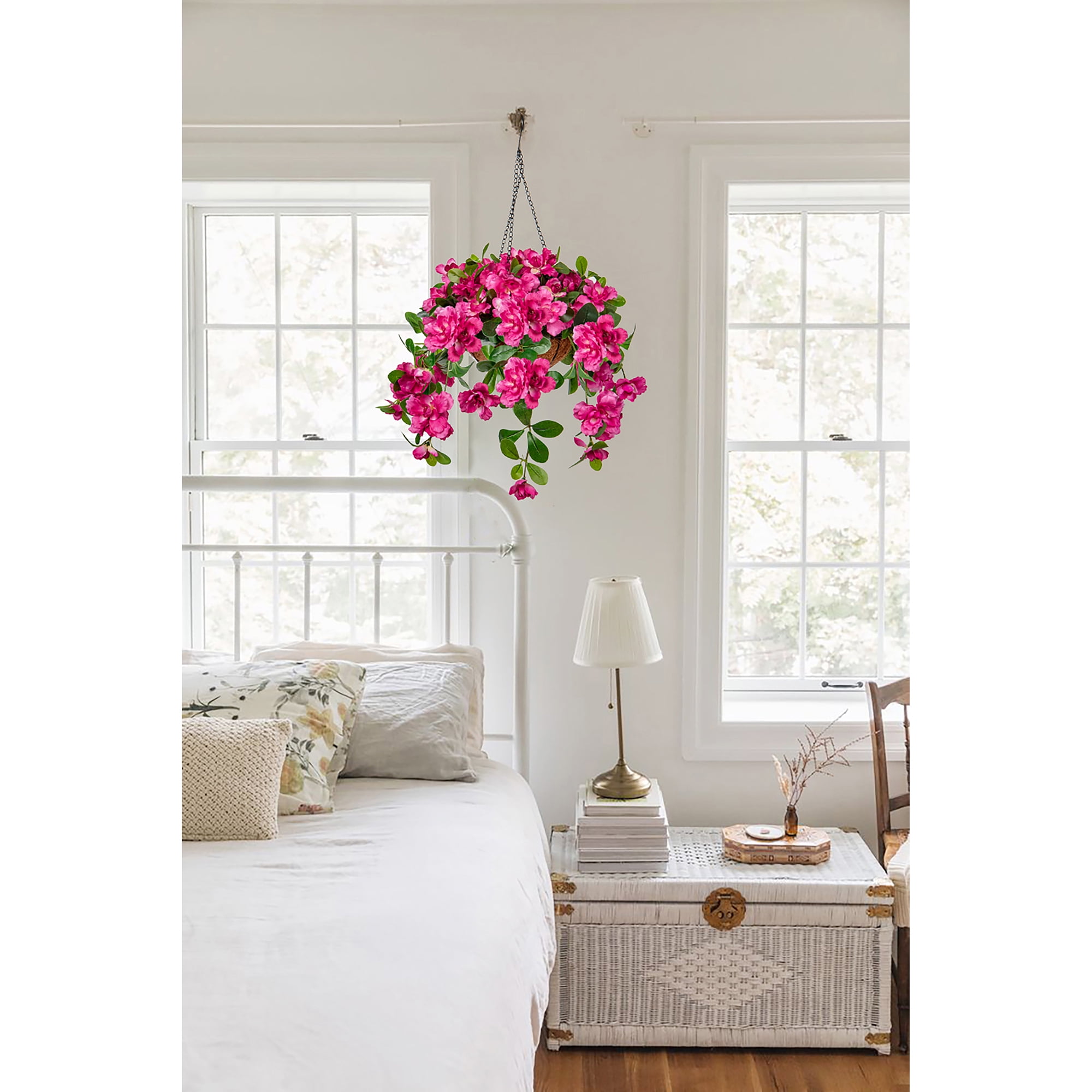 Fake Hanging Flowers with Basket, Artificial Bougainvillea Silk Plants Faux Spring Flowers for Outdoor Front Porch Patio Garden Balcony Decorations, Pink