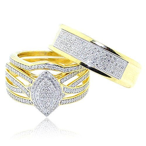 Bluebell Jewels 14K Gold Finish His & Hers Matching Wedding Ring Set – Leaf Design Pave CZ Bands for Couples