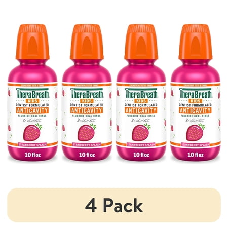 (4 pack) TheraBreath Kids Mouthwash with Fluoride, Organic Strawberry Splash, Anticavity, 10 fl oz