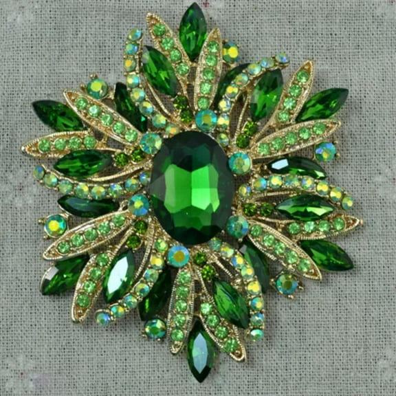 K-KED Vintage Style Elegant Flower Rhinestone Crystal Gold-Tone Large Brooch Pin Green