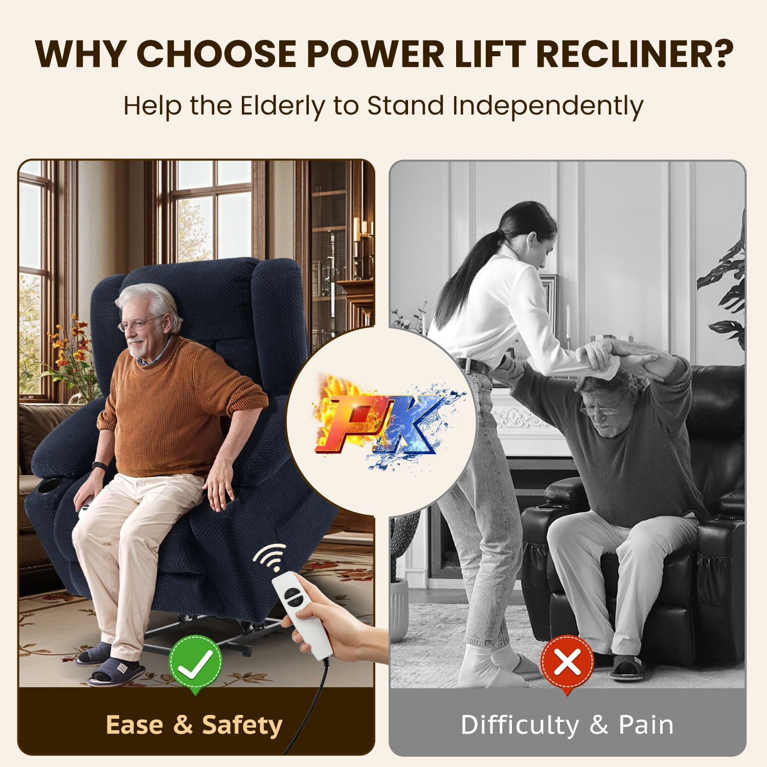 Power Lift Recliner Chair for Elderly with Heating & Vibration Massage, Large Wide Heavy Duty Extended Footrest for Big & Tall, 2 Cup Holders & Side Pockets Plush Flannel