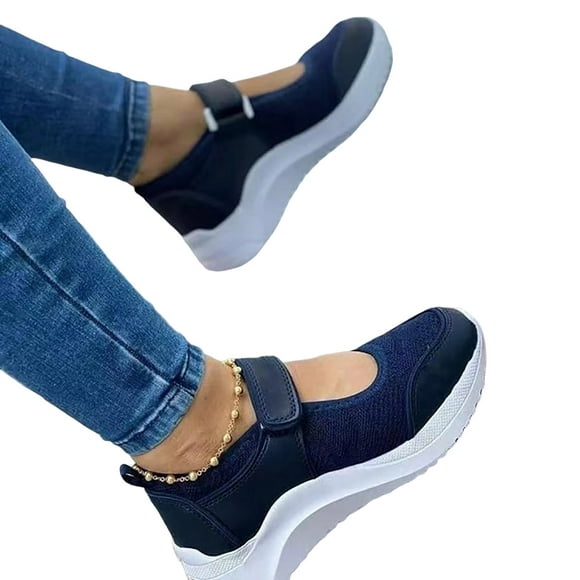 Graflsoa 2021 Spring & Autumn Women's Casual Sneakers with Velcro, Flat Thick Sole, Breathable Knit, Blue, Size 40