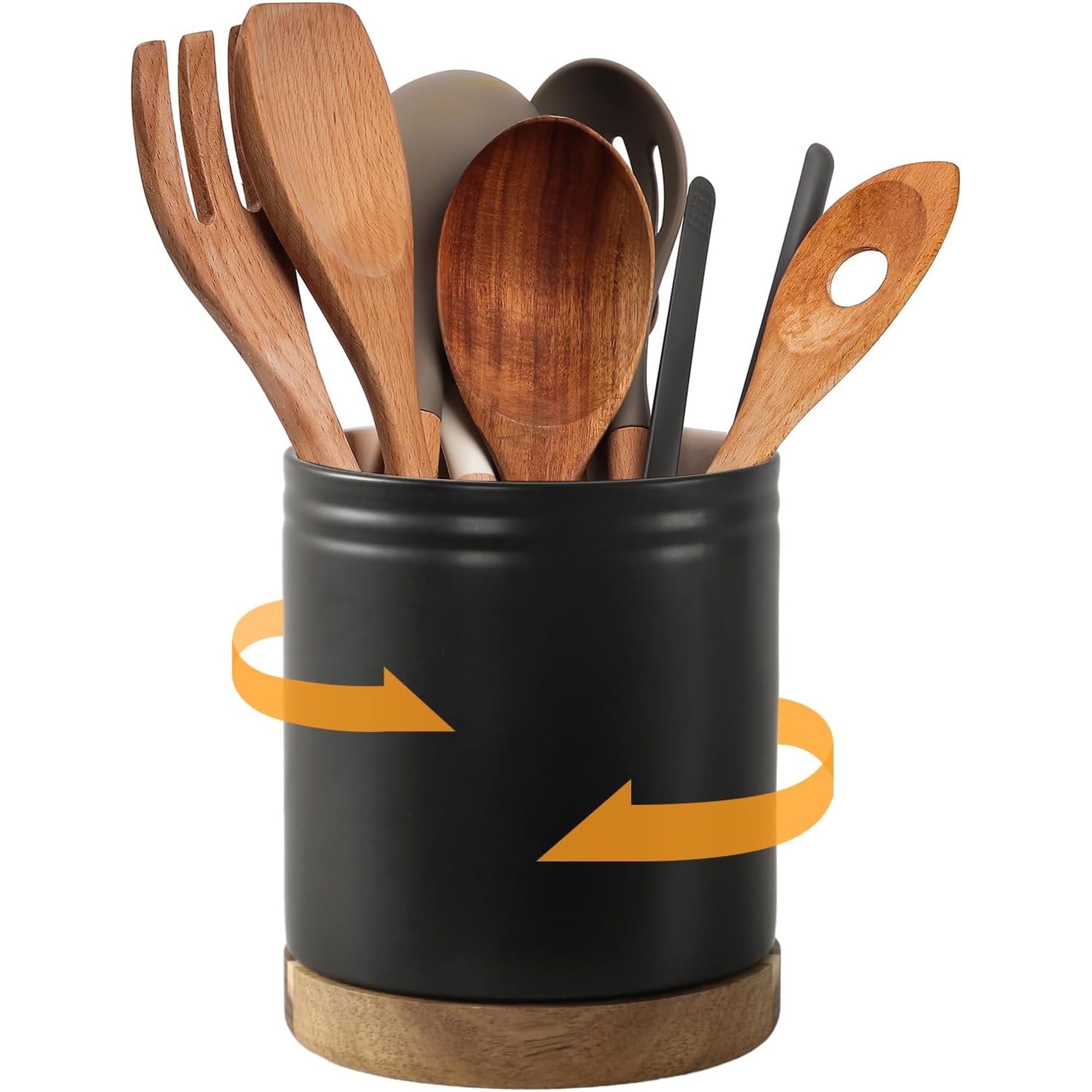 LYNG 360° Rotating Utensil Holder - Melamine Black Countertop Organizer With Acacia Wood Base, Farmhouse Kitchen Decor