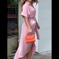 thumbnail image 4 of Vestido Camisero Fruncido de Verano para Mujer, Corta, Solapa, Cuello en V, Fiesta, Cintura Alta, Rosa L, 4 of 9