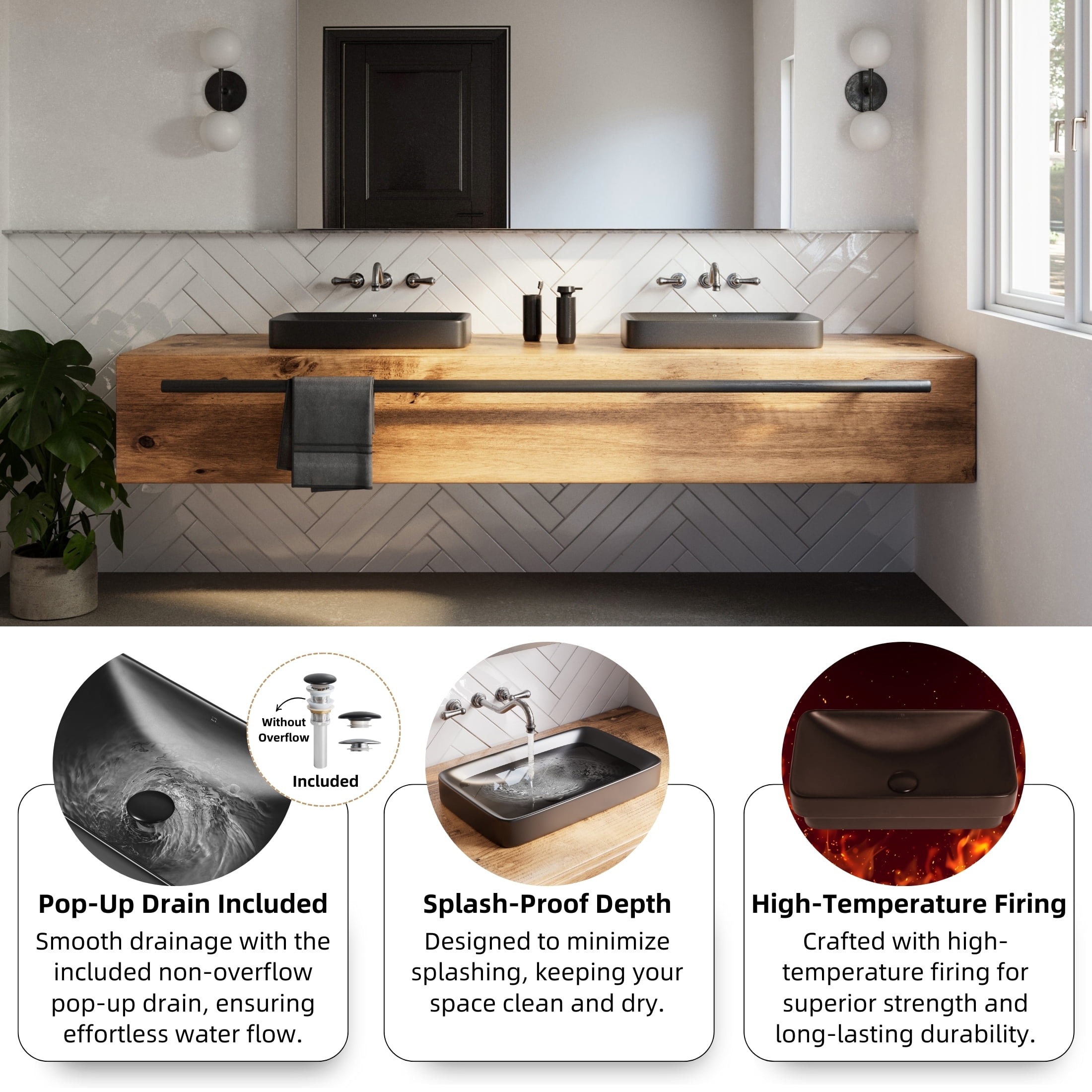Los Flexi 19 Inch Matte Black Rectangular Drop In Bathroom Sink, Semi-Recessed Ceramic Vessel, Includes Non-Overflow Drain Kit