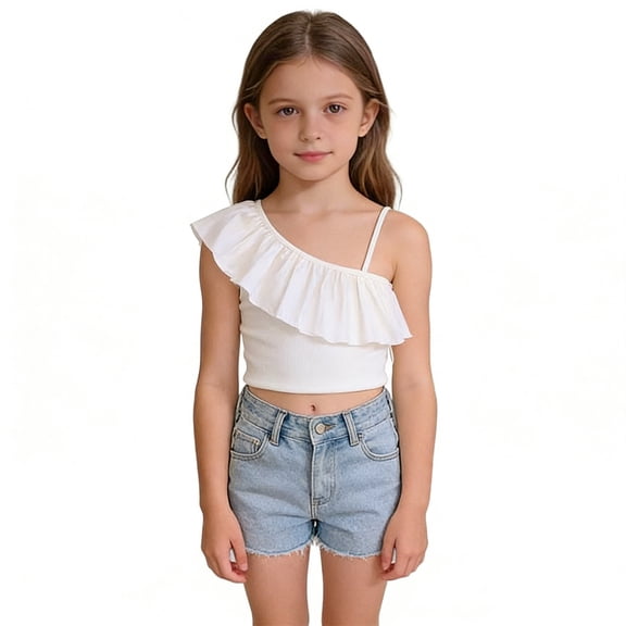 Toddler Cotton Tank Tops Baby Girl Off Shoulder Ruffled Crop Tops Kid Summer Shirt Cute Trendy Dance Yoga Tops Soft Beachwear