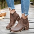 thumbnail image 2 of Hinvhai Women's Ankle Boots Low Chunky Heel Round Toe Wide Width Short Booties Side Zipper A-Brown 6.5(38), 2 of 9