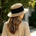 thumbnail image 1 of SGMVNU Fashion Sun Hats for Women, Wide Brim Retro Flat Top Panama Boater Straw Hats Vacation Beach Hat Packable, One Size, Black, 1 of 8