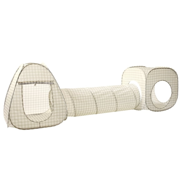 3 Sprouts Recycled Fabric 3-in-1 Kids Play Tent & Tunnel Set/Gingham/Beige