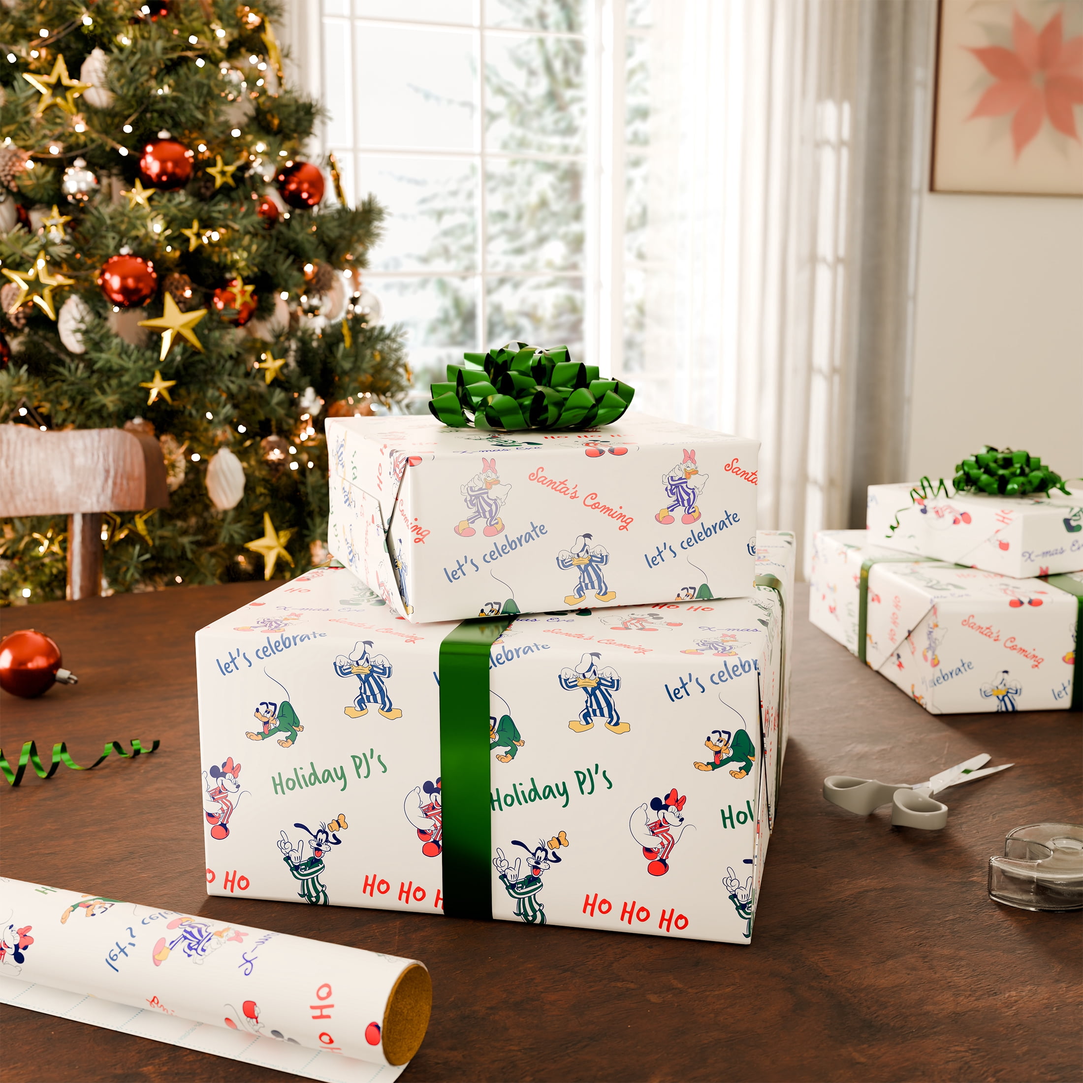 Plus Mark 40 in. Disney's Mickey and Friends PJs White Christmas Wrapping Paper with Cutlines (60 Sq. ft., 1-Roll)