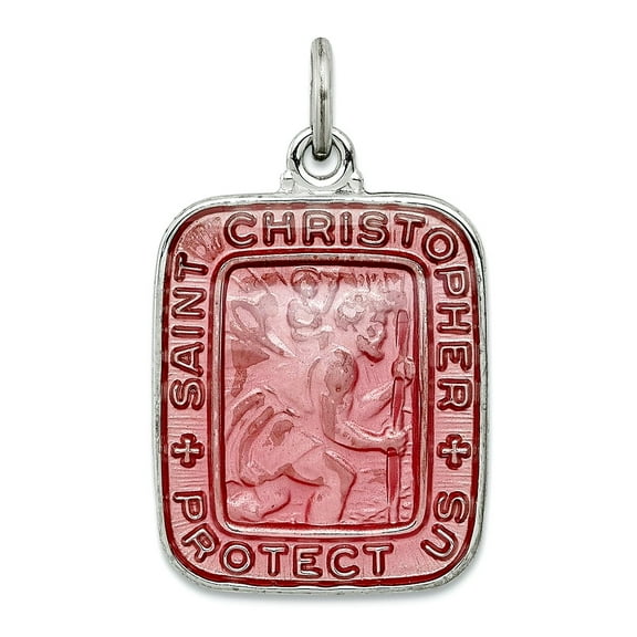 925 Sterling Silver Satin Back Pink Enamel Square St. Christopher Medal Pendant Necklace 25x15mm Wide Pendant for Women