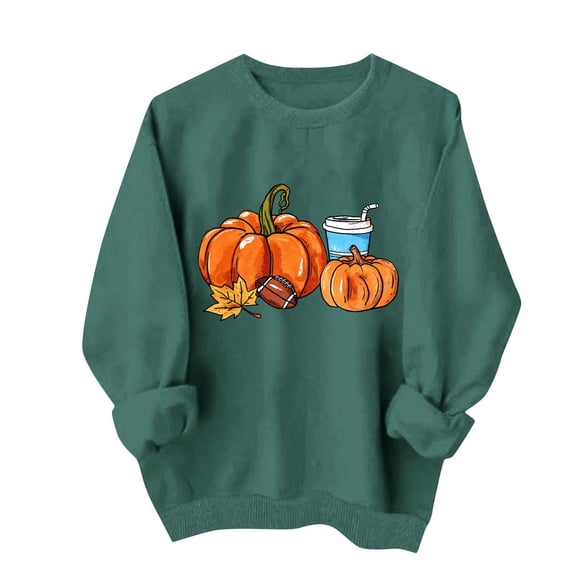 ZunFeo Womens Fall Oversized Crewneck Sweatshirt with Pumpkin, Football & Maple Leaf Graphic, Army Green,Size S