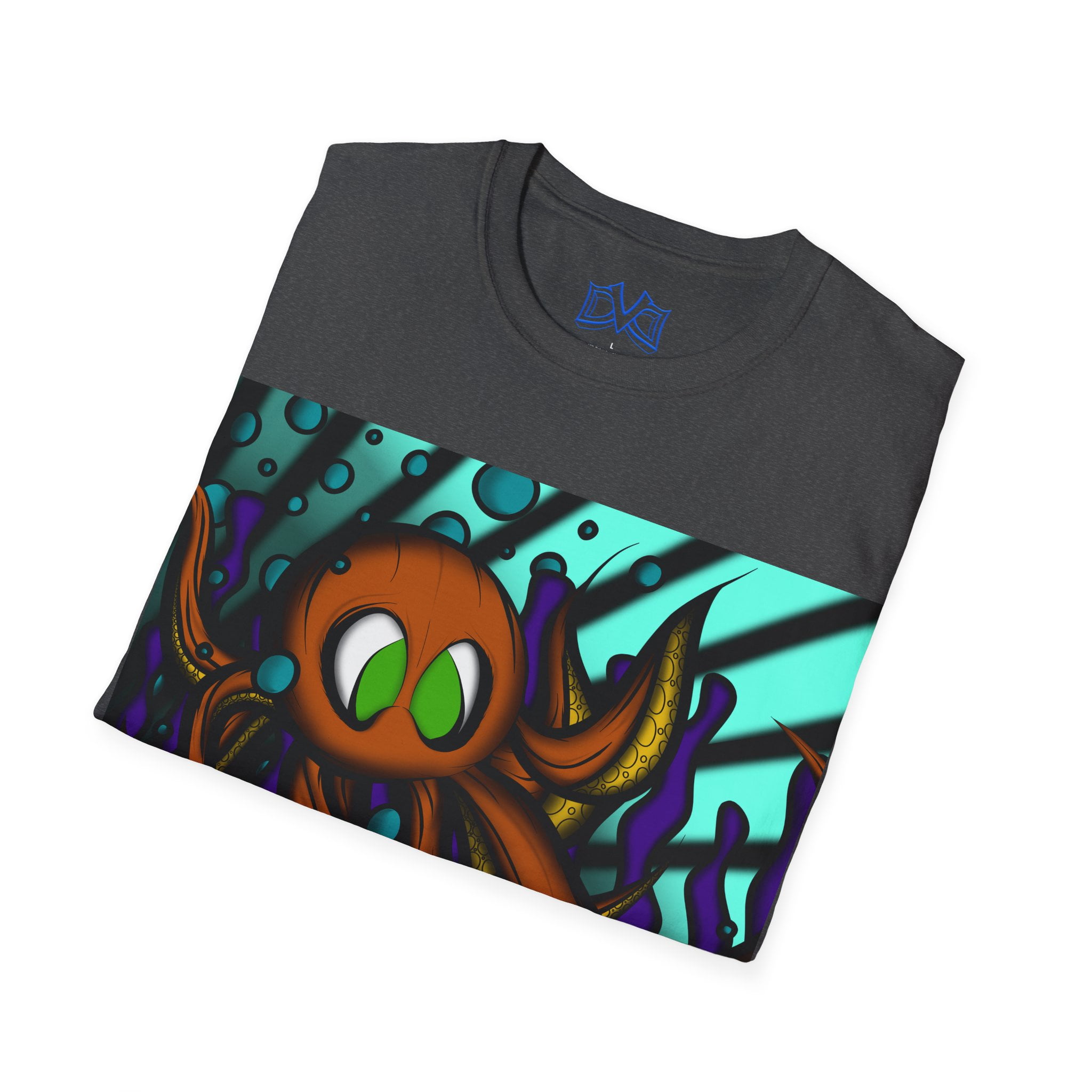 Octopus 9 tentacles, hand drawn art, skate & surf wear on a Unisex T Shirt.