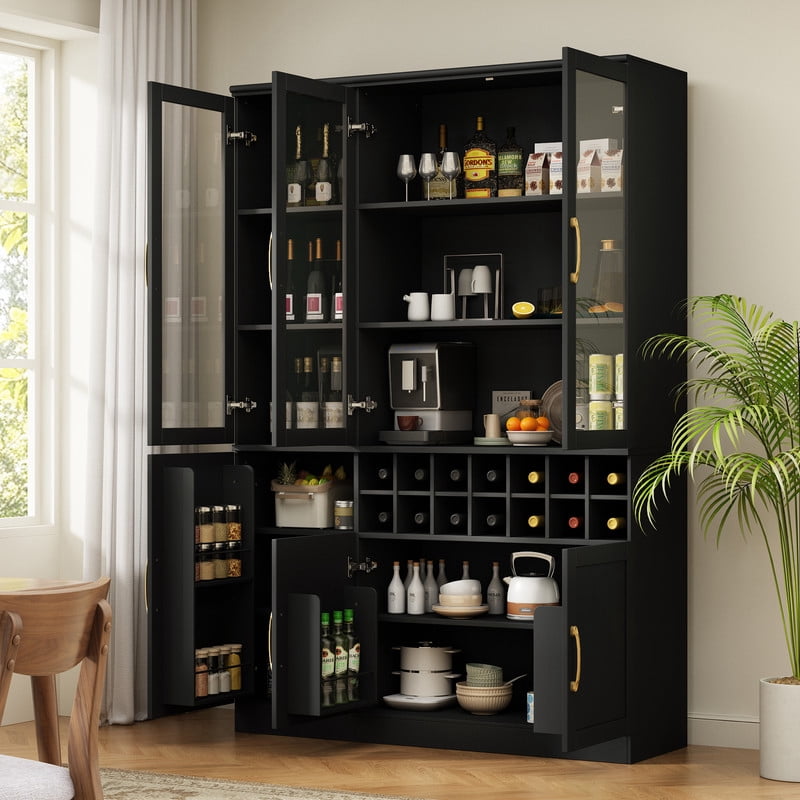 70.87" Tall Home Bar Cabinet with Glass Doors, Storage Cabinet with Removable Wine Cubbies, Kitchen Pantry with Adjustable Shelves